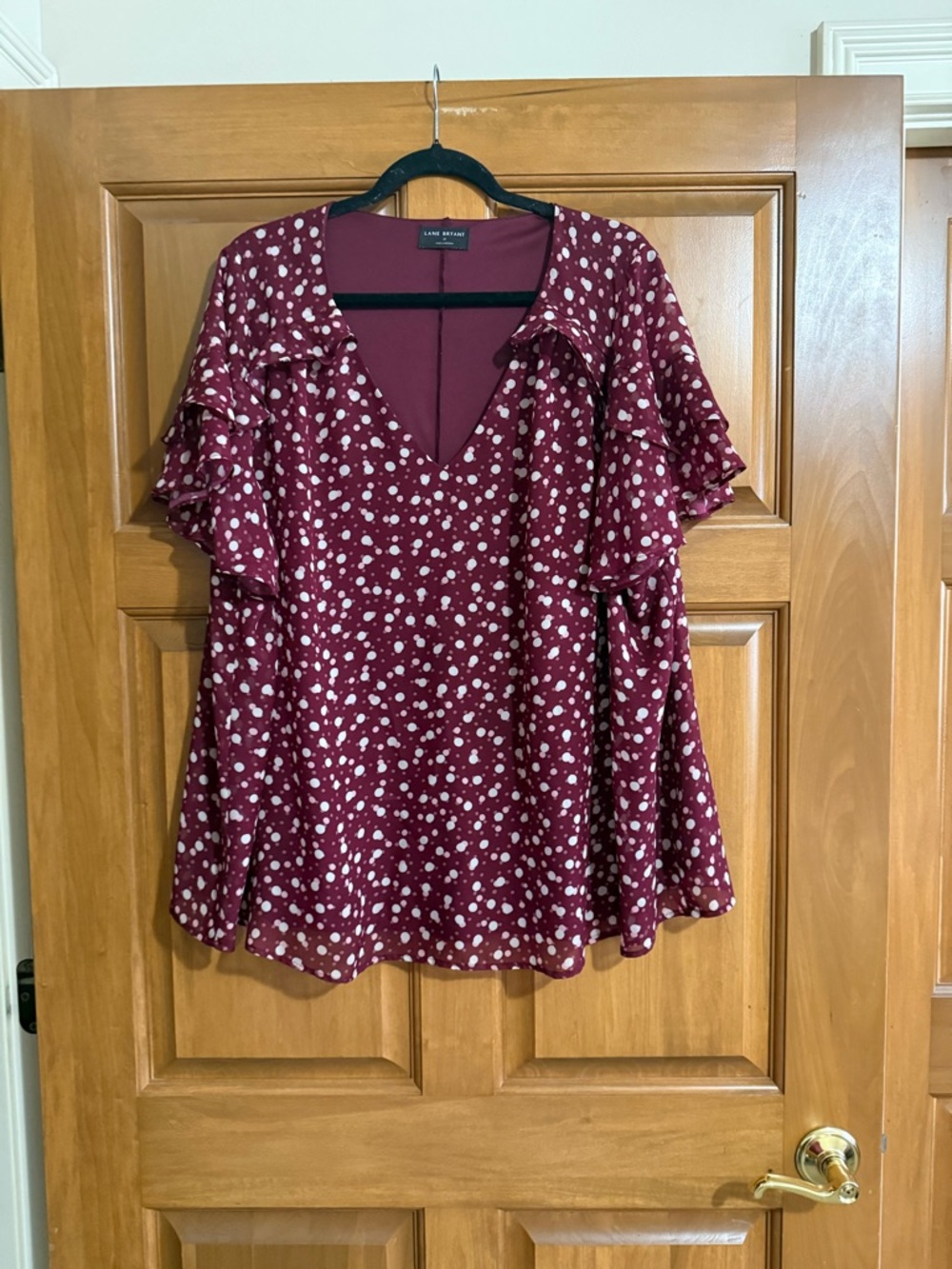 Lane Bryant Burgundy and Cream Polka Dot Ruffle Sleeve V-Neck Top